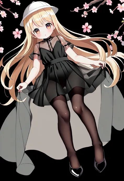 Girl masturbating naked　(((NSFW)))　Long Hair　Blonde　Toddler girl　5 years old　(((A glimpse into the sheer black see-through blouse)))　(((See-through black skirt)))　(((See-through black pantyhose)))Cherry tree in full bloom 　Primary school students 　No pants...