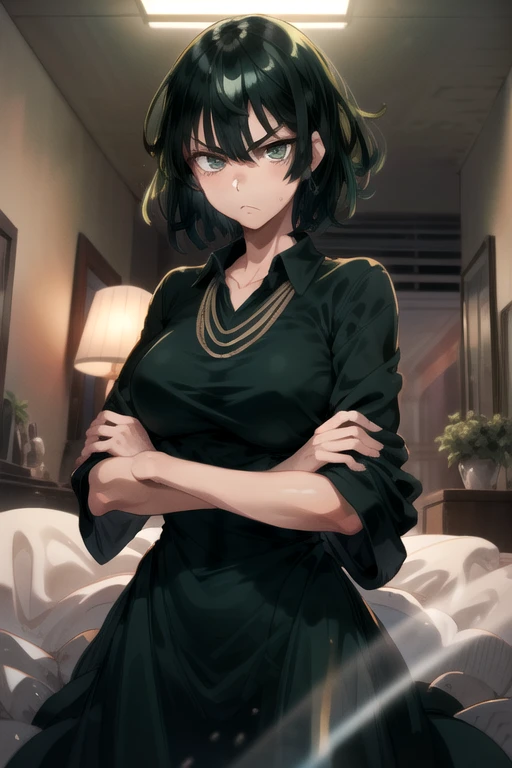 masterpiece,best quality,1girl,mature female,fubuki,green eyes,green hair,green dress,light frown,crossed arms,indoors,cowboy shot,