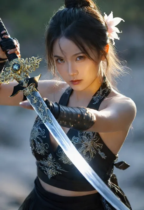 female swordsman topless photography，atomic correct,raw, lenses, (clear focus:1.5), (reality:1.4), dusk lighting, volumetric lig...