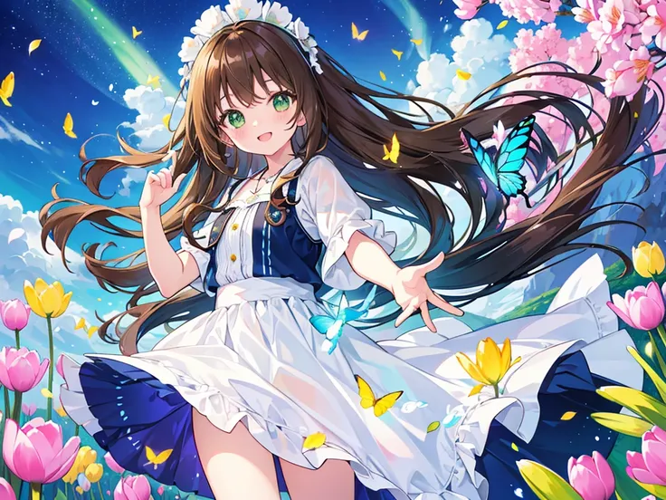 kawaii, anime, Cute, hyper quality, highly detailed, 16k, Front facing, Clarity, smile, girl, dark brown long hair, green eyes, highlight on eyes, Netherlands, windmill, tulip field, breeze, petals dance, white dress, feather backpack, brown bird flies, bl...