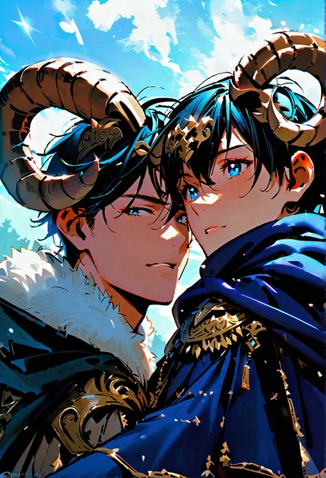 Handsome man, 2 men,Good friends、hug、 17 years old, teenager, A demon king with ram&#39;s horns on his head、Human Knight Cloak、 Fantasy,blue sky