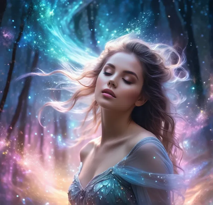 "graceful young woman with luminous skin, surrounded by shimmering aurora borealis, magical forest background, fairy-like appear...