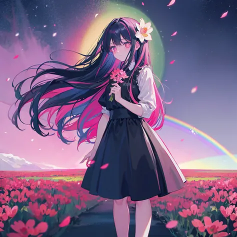 ((((Standing in a flower field))))　(((Long Hair　Pink Eyes　Rainbow Hair　Black Dress　Archangel)))　((Fantasy))　((night　Western style　Shining Aura　Face is close　Standing in a flower field))　Holding a crystal、Hold it up to the sky　Broken glass　Big ribbon　moon　s...