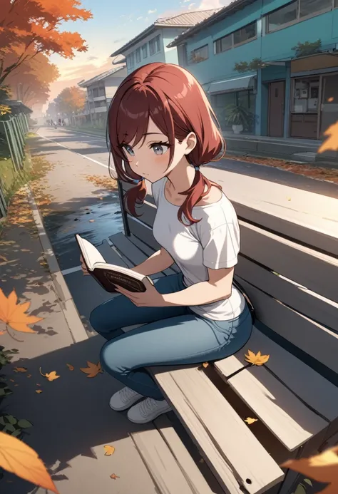 Best quality, masterpiece, from above, stoic young woman with gray eyes sitting on bench and reading book, dark red hair in low twin tails, swept bangs, strapless white shirt, jeans, satchel, toned arms, small breasts, creek, outdoors, autumn, sunrise, tro...