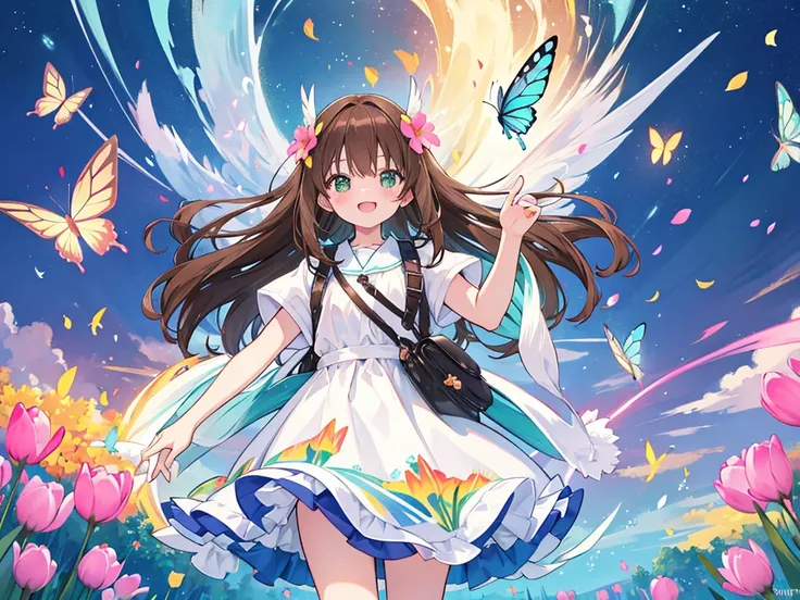 kawaii, anime, Cute, hyper quality, highly detailed, 16k, Front facing, Clarity, smile, girl, dark brown long hair, green eyes, highlight on eyes, Netherlands, windmill, tulip field, breeze, petals dance, white dress, feather backpack, brown bird flies, bl...