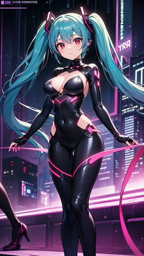 最high quality、Best image quality、masterpiece、Hatsune Miku Vocaloid、Big breasted android girl((18-year-old、red, Glowing black and blue cyber suit、Best Bust、Bust 90、Twin tails、red Eyes、Open your chest wide、valley、happiness、thin、Expressionless、)）high quality、...