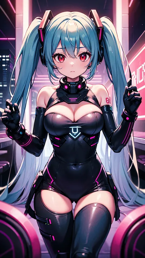 最high quality、Best image quality、masterpiece、Hatsune Miku Vocaloid、Big breasted android girl((18-year-old、red, Glowing black and blue cyber suit、Best Bust、Bust 90、Twin tails、red Eyes、Open your chest wide、valley、happiness、thin、Expressionless、)）high quality、...