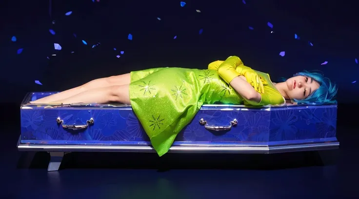 This image shows a surreal and artistic portrayal of a woman with vibrant blue hair, resting peacefully inside a bright blue coffin. Her outfit is striking, with a bright green dress adorned with star patterns, complemented by yellow gloves that add a vivi...