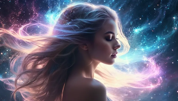 "beautiful ethereal young woman with flowing hair, standing amidst a swirling cosmic nebula, magical sparks and stardust surroun...