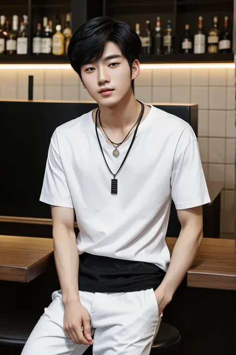 Create a korean man 20 years old, wearing black tshirt and white pants, sitting black chair,  bar background, name on a necklace "Yanyann"