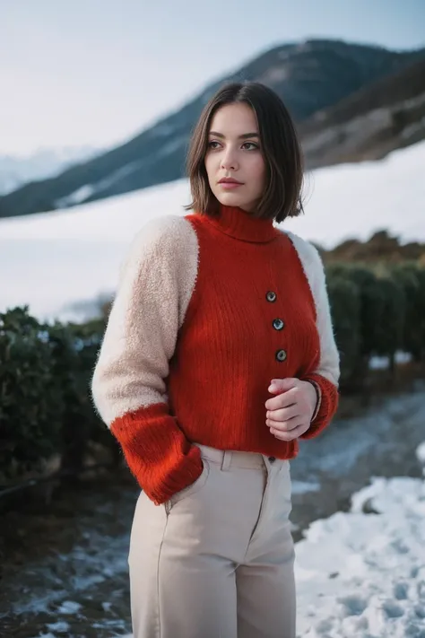 photo of Beautiful brunette woman standing in the snowy mountains with colorful, perfect lighting. Shot with Leica Summicron 35mm f2.0 lens on Kodak Portra 400 film.