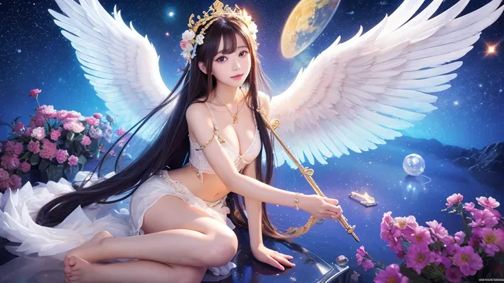 1920×1080、Like the picture、Reality、heaven、Wrapped in the dazzling light of the sky、眩Shiiほどの黄金色の光が降り注ぐ、god々Shii、美Shii、Fantasy、Spreading its large wings、cute、Beauty、Adult female、Big Eyes、Create an image of an angel