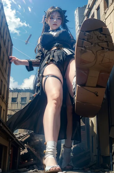 Super huge girl、The building collapses、Urban hustle and bustle、Traffic jam、City of Rubble、street tree、((((Azur Lane Cheshire))))、Maid clothes、Super huge breasts、Plump thighs、Ground View，City of Giants,1500ft tall giant girl，skyscraper,Has super long legs,S...