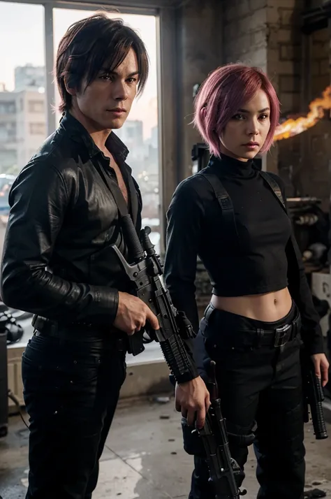 "Damon Salvatore stands in the center holding an assault rifle. Damila, with short light pink hair, is on his right with a sniper rifle. Kira, with short blue hair, is on his left with dual pistols. The background is a war-torn cityscape with flames and sm...