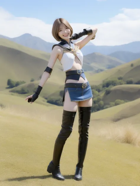 masterpiece, best quality, absurdres, perfect anatomy, 1girl, solo, Ashelia, short hair, AsheliaOutfit, miniskirt, thighhighs, jewelry, belt, standing, cowboy shot, smile, dynamic pose, dynamic angle, outdoors, plains, hills, (fashion model pose)