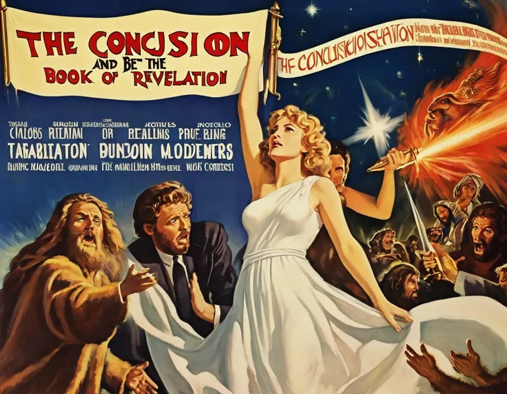 poster of the movie "The conclusion and the beginning of the book of Revelation", title, book of revelation being opened,  reminiscent of classic film posters