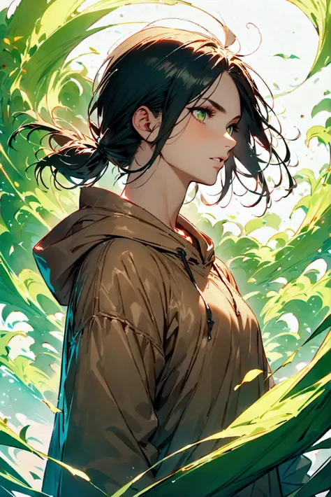 Brown long hairstyle、Handsome man in his 20s（1 male,Ellen Yeager）Green Eyes,Attack on Titan,（He is wearing a beige T-shirt with a long hoodie over it.）,(masterpiece:1.3),(Highest quality:1.4),(Very detailedな:1.5),High resolution,Very detailed,unity 8k wall...