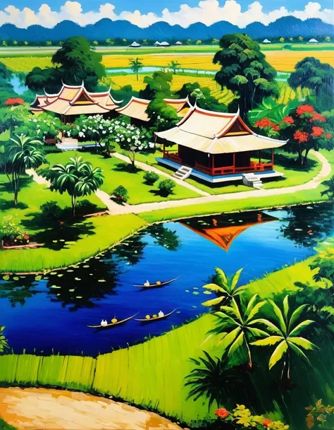 Thai house, fruit orchard, pond, way of life, bright sky, daytime, oil painting "taken from above", 1950