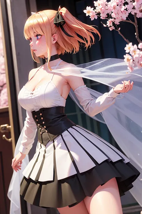 One girl,masterpiece,Highest quality,Blonde,stockings,Checked skirt),Short skirt JK,,Are standing,In total length,Medium chest,Very detailed,[[Realistic]],Beautiful and attractive anime teen,Enchanting anime girl,Swinging skirt,blue eyes, hair ornaments, H...