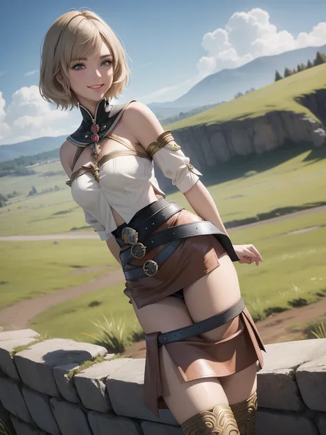 masterpiece, best quality, absurdres, perfect anatomy, 1girl, solo, Ashelia, short hair, AsheliaOutfit, miniskirt, thighhighs, jewelry, belt, standing, cowboy shot, smile, dynamic pose, dynamic angle, outdoors, plains, hills, (fashion model pose)