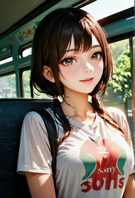 Korean female star photos, Uneven twin ponytails, Light makeup, Medium breast size, Smile, Colored T-shirts, on the bus, Clear facial features，Realistic details, Sony FE, 35 mm, light, High Detail, UHD, high quality, HD, 8K, 16K