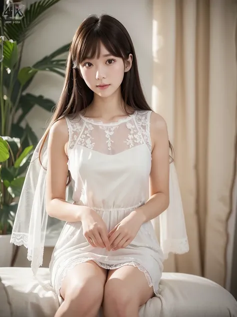 White Room、Vermilion floral lace chiffon dress、(Highest quality)、((Very detailed))、4K、(8K)、masterpiece、Very detailedな、Highest quality、Super Resolution、1 person、Kind Face、Soft Light、RAW quality、Soft Skin、163cm、30 years old、Thighs