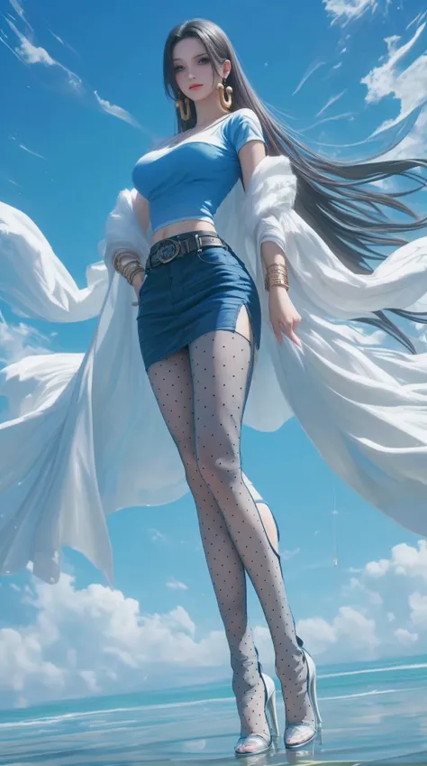 anime girl in blue dress and white cape standing on the beach