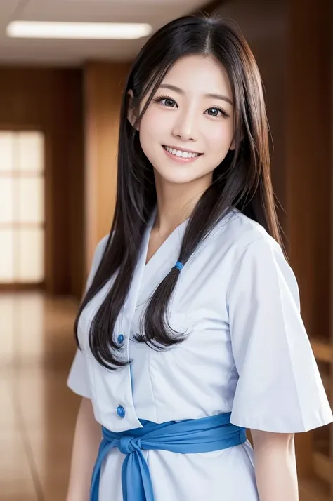 Having long flowing hair、Very Beautiful Japan Woman。She is wearing a white nurse uniform、She has striking bluish-black eyes and a bright smile.、Has an elegant posture。The background is a hospital. The image style is realistic.、It adds a touch of glamour.。