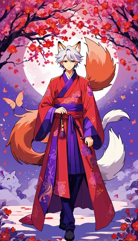 Nine-tailed fox style red and purple, Starting a line easily，abstract art，การออกแบบfairy tale, The most handsome man of all time、fairy tale, colorful cherry tree