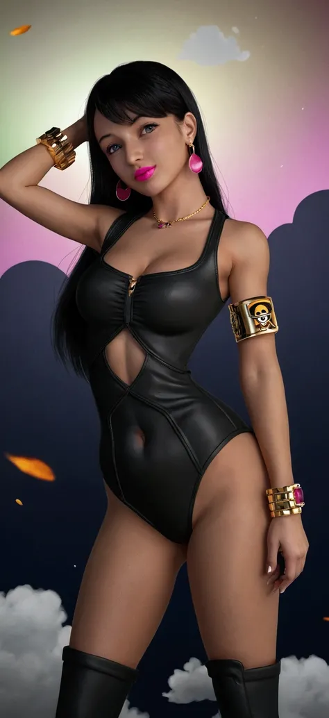 ((1girl, solo ,alone, long hair, black clothes, pink lipstick, Nico Robin, woman, (one piece) , dynamic pose,fitness, gold bracelets, ruby earrings)), ((solo, 1woman, pink lipstick, Extremely detailed, ambient soft lighting, 4k, perfect eyes, a perfect fac...