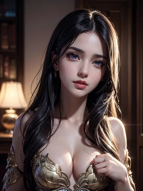 A mysterious beautiful woman, cleavage, small breasts, detailed face, beautiful eyes, detailed lips, long eyelashes,  cinematic lighting, dramatic shadows, highly detailed, 8k, ultra-detailed, hyper-realistic, photorealistic, masterpiece, digital art, fant...