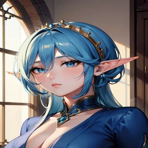 masterpiece, beautiful face, Royal advisor, blue noble dress, long light blue hair, elf, beautiful, big