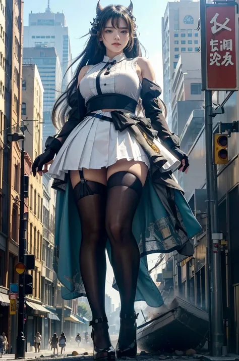 The building collapses、Urban hustle and bustle、Traffic jam、City of Rubble、street tree、((((Azur Lane Cheshire Cosplay))))、Frilled maid outfit、Super huge breasts、Plump thighs、Ground View，City of Giants,500 foot tall giant girl，skyscraper,Has super long legs,...