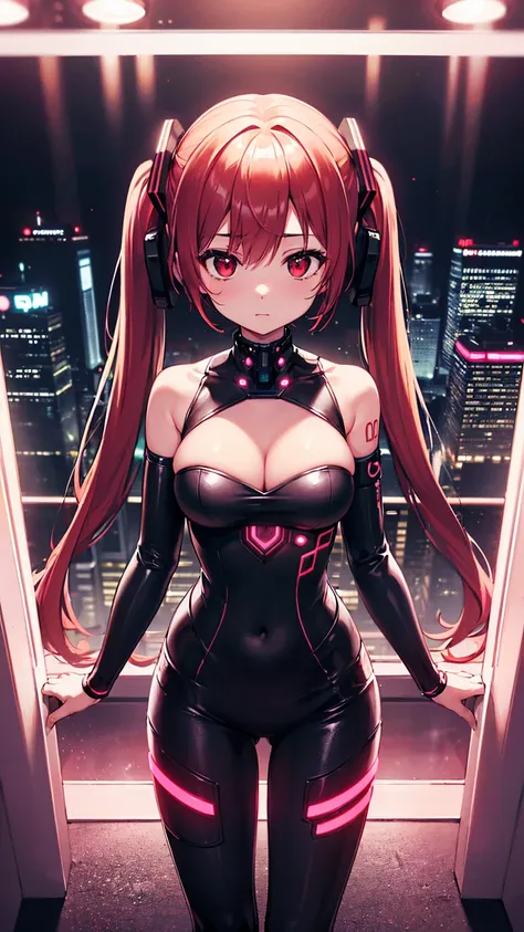 最high quality、Best image quality、masterpiece、Hatsune Miku Vocaloid、Big breasted android girl((18-year-old、red, Glowing black and blue cyber suit、Best Bust、Bust 90、Twin tails、red Eyes、Open your chest wide、valley、happiness、thin、Expressionless、)）high quality、...