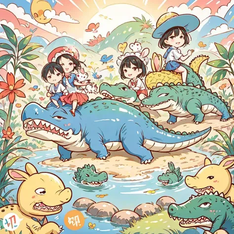 There are many different Lovely cartoon animals, elephant, Crocodile, Rabbit and other animal motifs in this photo, Lovely, Hand drawn illustrations, rich and colorful, Wang Chen, Crocodile洛基, Art cover, 5.6,🦩🪐🐞👩🏻🦳; 🌞🌄 , Code, 🪔 🎨 metaverse