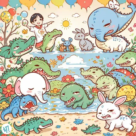 There are many different Lovely cartoon animals, elephant, Crocodile, Rabbit and other animal motifs in this photo, Lovely, Hand drawn illustrations, rich and colorful, Wang Chen, Crocodile洛基, Art cover, 5.6,🦩🪐🐞👩🏻🦳; 🌞🌄 , Code, 🪔 🎨 metaverse