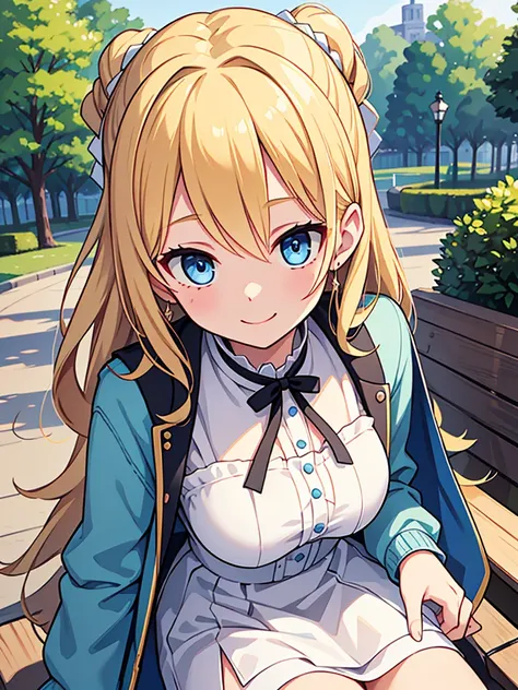 masterpiece, Highest quality, One girl, beautiful, Are you okay, delicate, Very complicated, detailed, Blonde, Jacket, blue eyes, ((masterpiece)), extremely detailed, Highest quality, High resolution, ((at the park)), Bridget, smile,  