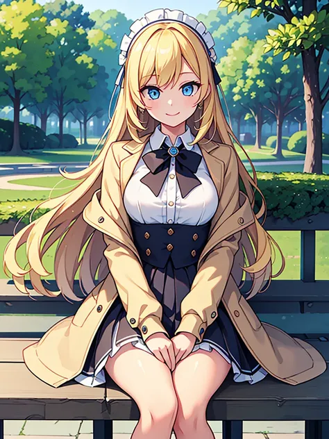 masterpiece, Highest quality, One girl, beautiful, Are you okay, delicate, Very complicated, detailed, Blonde, Jacket, blue eyes, ((masterpiece)), extremely detailed, Highest quality, High resolution, ((at the park)), Bridget, smile,  