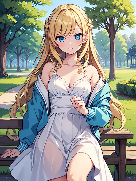 masterpiece, Highest quality, One girl, beautiful, Are you okay, delicate, Very complicated, detailed, Blonde, Jacket, blue eyes, ((masterpiece)), extremely detailed, Highest quality, High resolution, ((at the park)), Bridget, smile,  