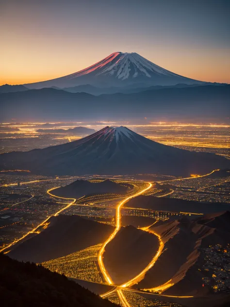 （The sun rises over the red Mount Fuji:1.5） Simple style, Highest quality, beautiful,Fractal Art，Holy Light,Gold foil,Gold leaf art，Self-illumination，Expressing through photography