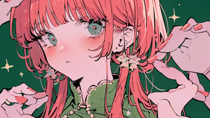 (Highest quality:0.8)、(Highest quality:0.8)、Super detailed、Analog illustration、Koto Tsumi (style)、masterpiece、Highest quality、Close-up portrait of a woman、1990、Comic Strip、Art illustration、Retro Pop、Red hair、Long eyelashes、Green Dress、Emerald Necklace、Walk...