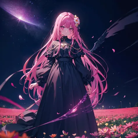 ((((Standing in a flower field))))　(((Long Hair　Pink Eyes　Pink Hair　Black Dress　Archangel)))　((night　満moon　Western style　Shining Aura　Face is close　Standing in a flower field　Close-up))　Broken glass　Big ribbon　moon　star　Catch the wind