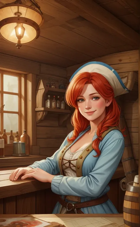 A watercolor illustration of a redheaded barmaid with a tricorne, smiling warmly, serving drinks in an old pirate ships cabin. Rustic barrels, sea maps, soft natural light from portholes. Created Using: soft watercolor hues, gentle brushwork, warm lighting...