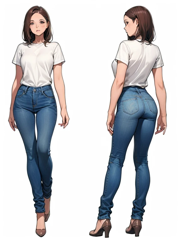 Detailed character sheet, Front view, Side view, Oblique view, with a white returnground, show women, 30 years old, with short dark brown hair combed return, Light casual clothing, Wearing tight denim jeans. The seat includes different angles, Front desk e...