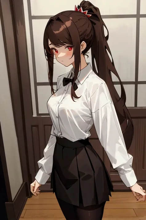 , 1girl, masterpiece, long hair, ponytail, medium breasts, anime, , anime screencap, indoors, long bangs, hair ornament, white shirt, black pantyhose, black skirt, red eyes, dark brown hair, thighs, intricate shirt, standing