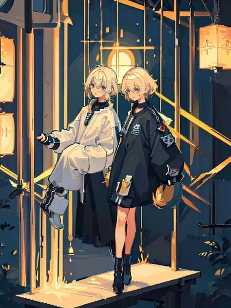 (((full body))) (((twins))) ((detailed)) they are 12-year-old boys twin with blonde hair. one has an energetic and curious expre...