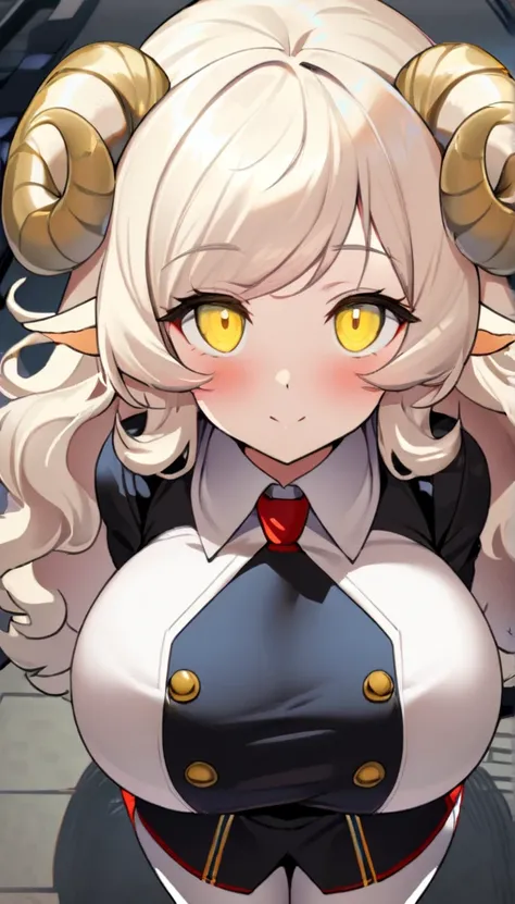 1girl,solo,roll angle,sheep ear,fluffy hair,long hair with a lot of hair,cream hair color,light yellow eye color,Calm face,docile face,blush,huge breasts,slender,Vertical lines academy uniform,short stature,looking at viewer,Taken from the viewpoint above,...