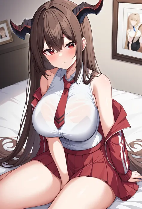 a woman in red and white is sitting on a bed. the person has horns and eyes, 1girl, breasts, thighs, solo, long hair, sitting, horns, skirt, red eyes, large breasts, off shoulder, shirt, looking at viewer, red skirt, white shirt, jacket, brown hair, pictur...