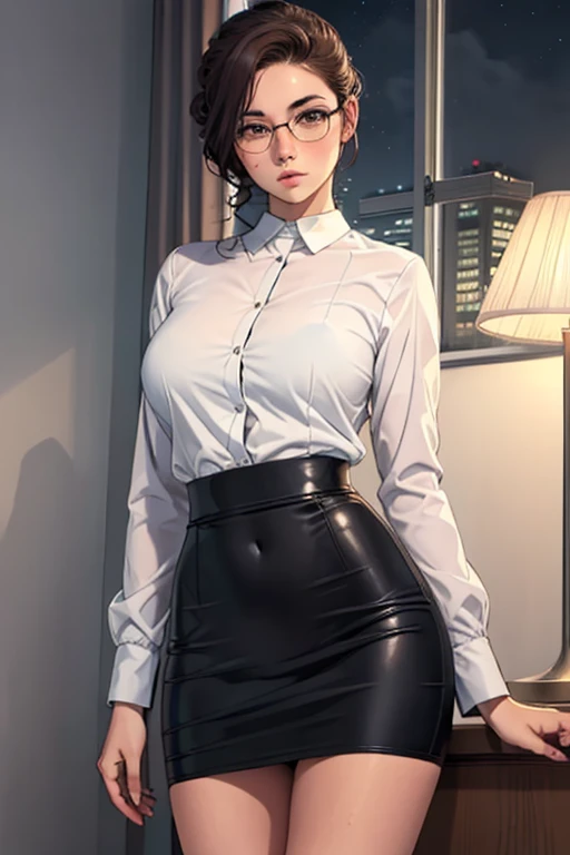 ((Night, Realistic Light, Best Quality, 8K, Masterpiece: 1.3)), 1girl, Slim Beauty: 1.4, (Brown hair, updo hairstyle, large breasts: 1.3), Standing, inside infirmary room school, inside infirmary school room, 
2 hands rise at back of the head, glasses, blu...