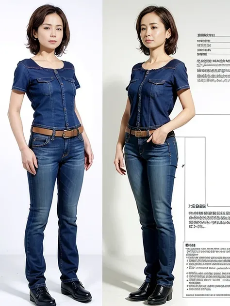 Detailed character sheet, Front view, Side view, Oblique view, with a white returnground, show women, 30 years old, with short dark brown hair combed return, Light casual clothing, Wearing tight denim jeans. The seat includes different angles, Front desk e...